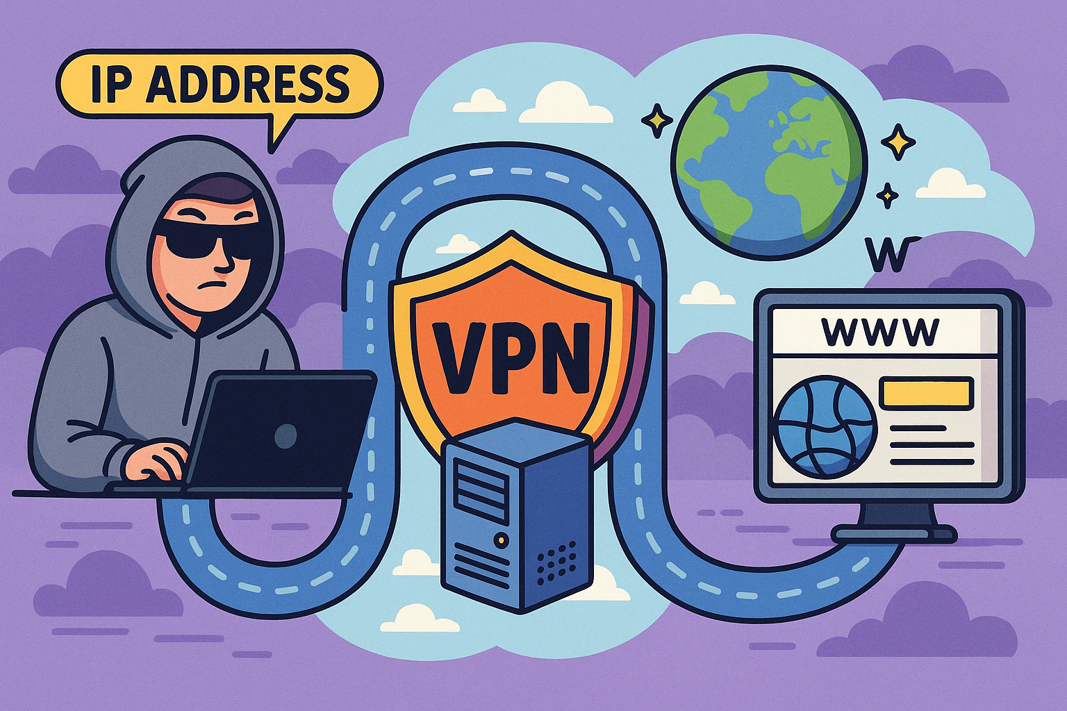 Diagram showing how VPNS reroute IP traffic through encrypted tunnel